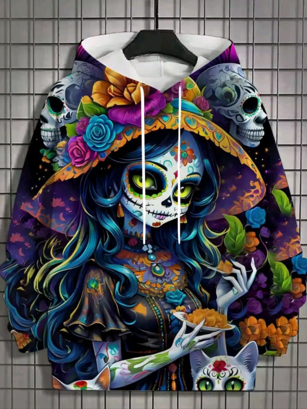 Women's Fashion Hoodie Long Sleeve Casual Undead Skull Pattern Hoodie Sweater